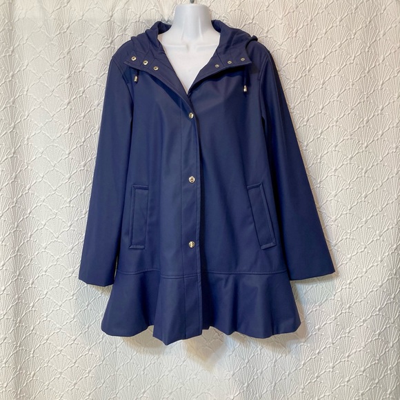 Kate Spade Flounce Peplum Hem Hooded Deep Navy Trench Rain Coat, Size M